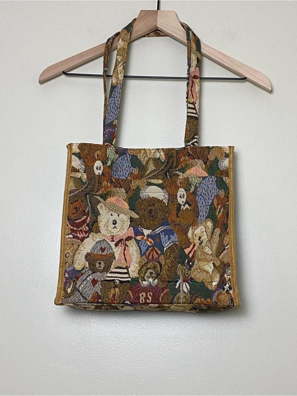 Vintage 90s Tapestry Teddy Bear Tote Bag Grandmacore Cottage Woven Purse